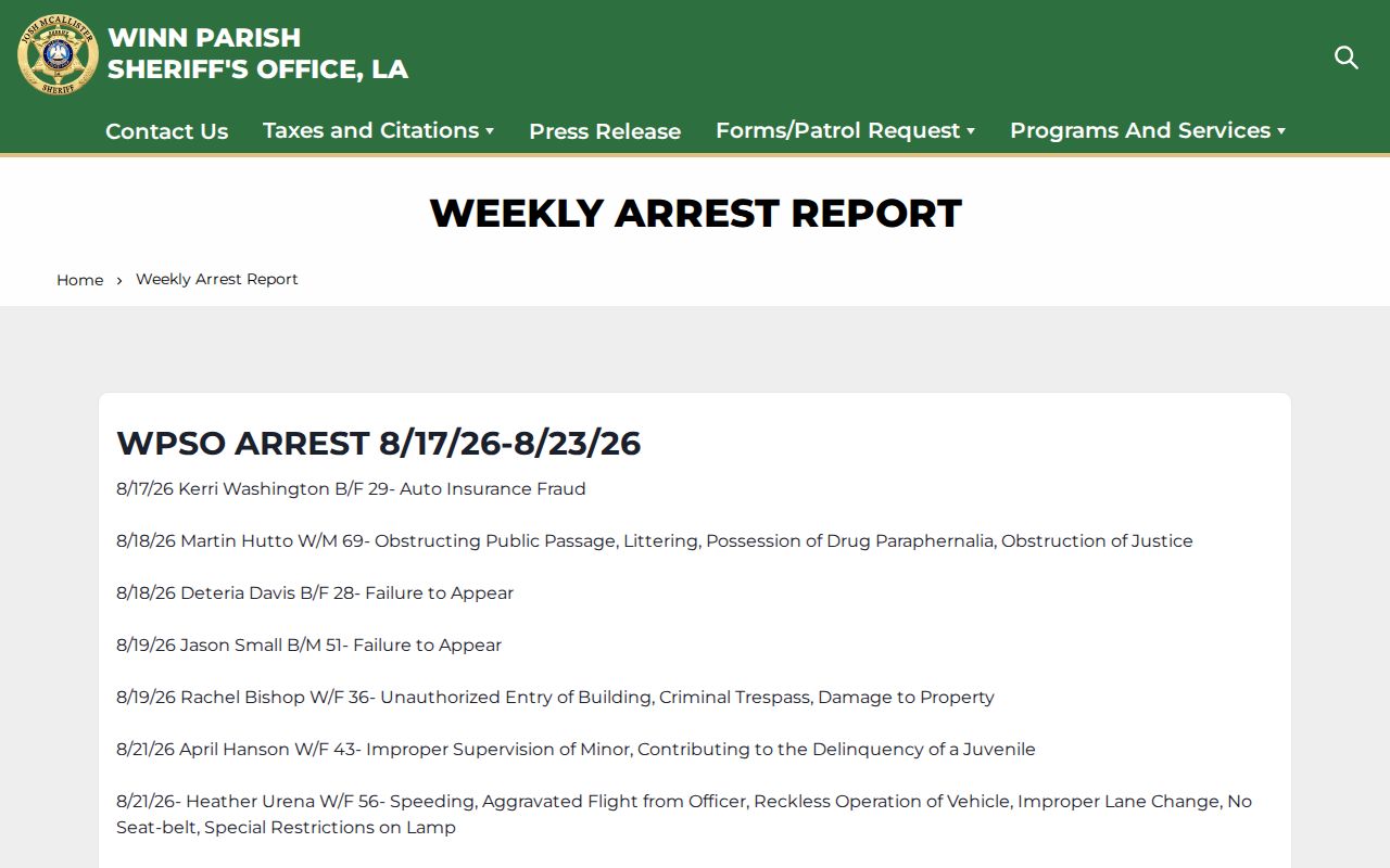 Winn Parish Sheriff weekly arrest report interface